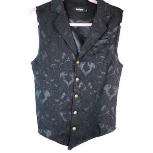 Vintage 90s Y2K Black Vest Embroidered Gold Buttons Brocade Jacquard Damask